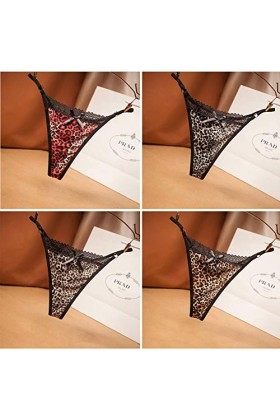 mini kitty 4 Pack Femme Strings en Dentelle Culottes sans Couture Strings et Tangas Sexy String Femme Lmprimé Léopard sous-vê