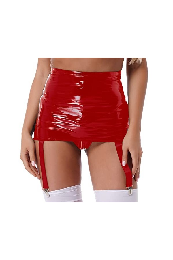 Freebily Porte-Jarretelles Femme Mini Jupe Jarretière Simili Cuir Verni Bas Jupe Crayon Soirée Bal Disco Club Micro Jupe Hanc