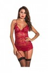 Touchlover Femme Ensemble de Lingerie Nuisette Sexy Dentelle Brassière,Jarretière,Strings Red XL