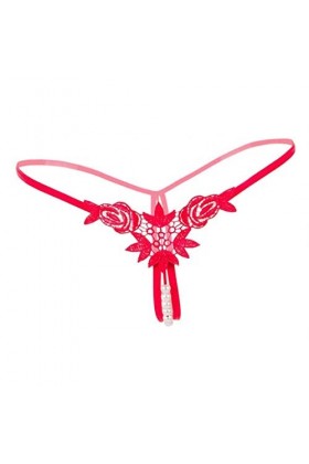 P Prettyia Culotte string strings en dentelle avec perles et fleurs - Pour femme - Rouge - taille unique