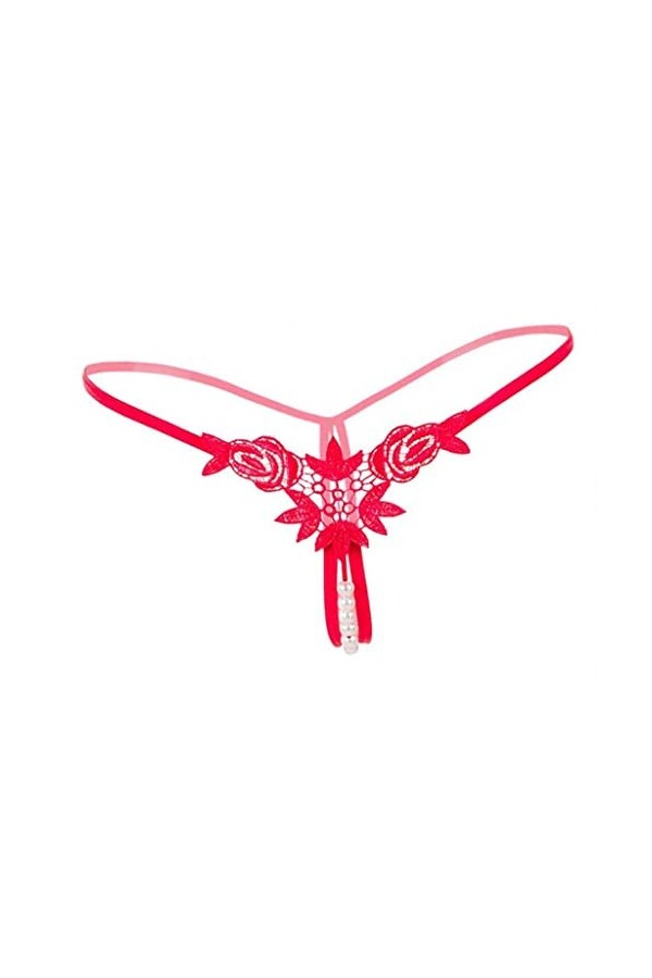 P Prettyia Culotte string strings en dentelle avec perles et fleurs - Pour femme - Rouge - taille unique