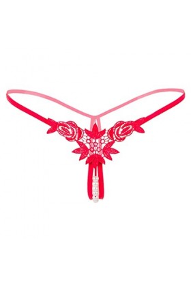 P Prettyia Culotte string strings en dentelle avec perles et fleurs - Pour femme - Rouge - taille unique