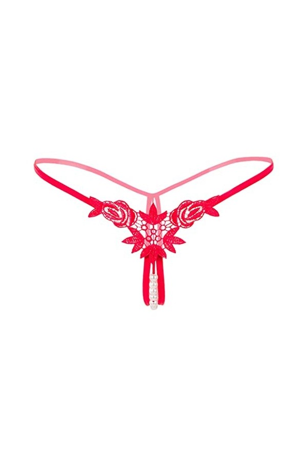 P Prettyia Culotte string strings en dentelle avec perles et fleurs - Pour femme - Rouge - taille unique