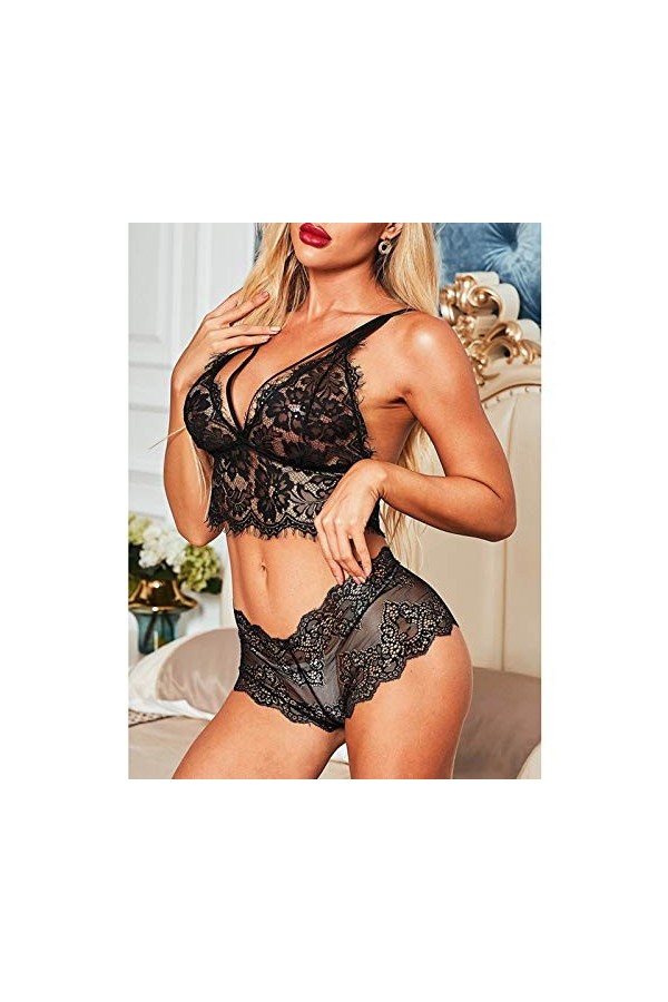 DUHGBNE Ensemble Saint-Valentin Deux pièces Femmes Broderie Sexy Sexy Sous-vêtements à travers Body Femme, Noir , M