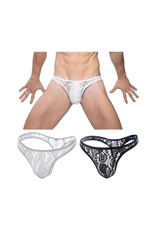 Hommes String Sexy sous-Vêtements Dentelle Transparente Populaire Lettre Taille Moyenne Jockstrap G String Culotte Poche Conv
