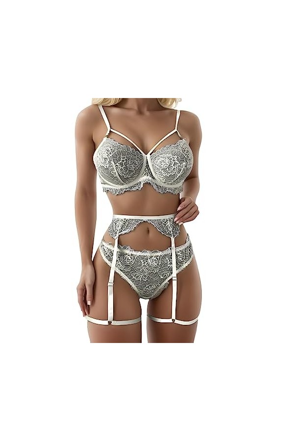 Zannycn Ensemble de lingerie sexy en dentelle pour femme - Ensemble de sous-vêtements érotiques - Soutien-gorge et culotte - 