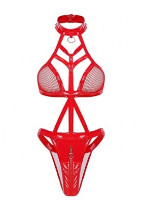 TSSOE Femme Combinaison Wetlook Soutien-Gorge Cage Cuir Verni Teddy Body Thong Fishnet Bodysuit Dos Nu Justaucorps Une Pièce 