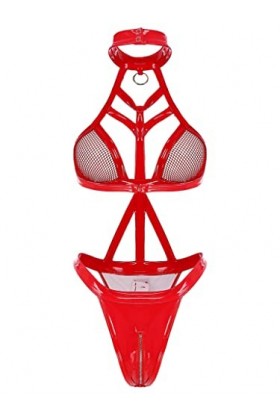TSSOE Femme Combinaison Wetlook Soutien-Gorge Cage Cuir Verni Teddy Body Thong Fishnet Bodysuit Dos Nu Justaucorps Une Pièce 