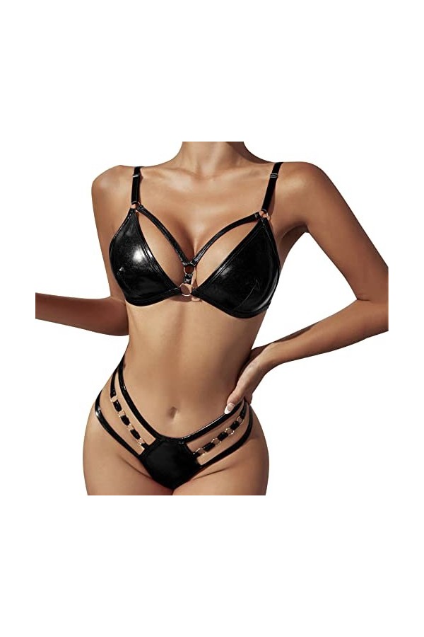 Briskorry Ensemble de lingerie sexy pour femme effet mouillé avec fermeture éclair en cuir verni avec string et fermeture Écl