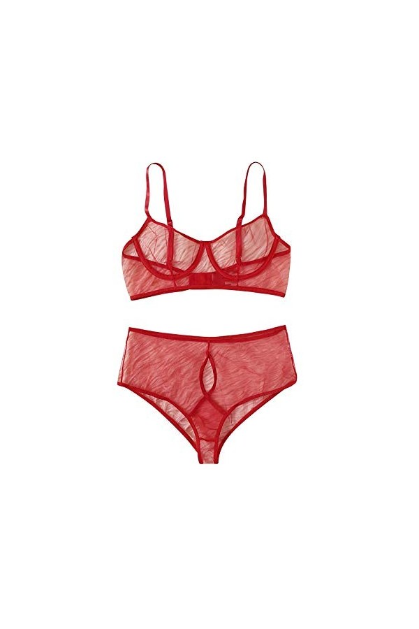 DUHGBNE Sous-vêtements sexy dentelle trois points sous-vêtements avec anneau en acier lapin lingerie, rouge, S