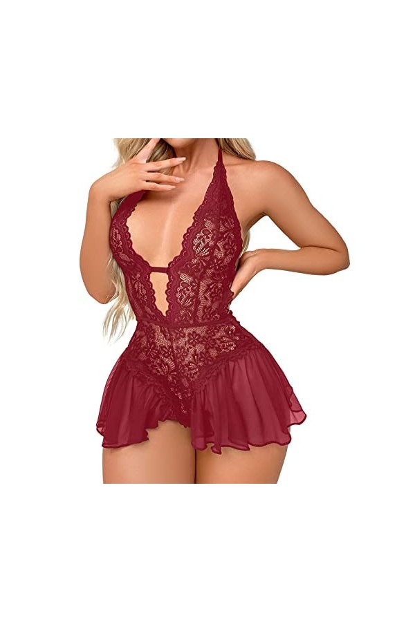 Fulidngzg Body sexy pour femme - Lingerie érotique - Grandes tailles - Nuisette - Dentelle ouverte - Lingerie sexy - Tenue en