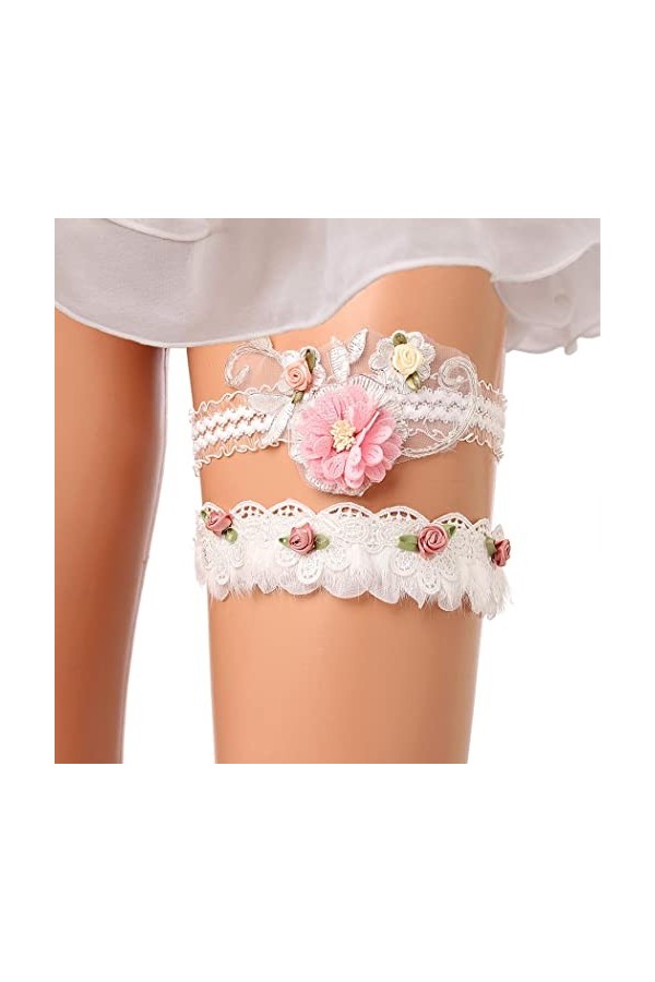 Flayem Jarretières de mariage en dentelle florale rose pour mariée 2 pièces 