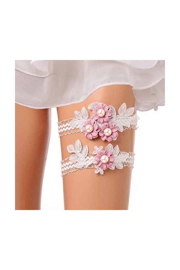Flayem Jarretières de mariée roses en dentelle florale avec perles pour mariage 2 pièces 