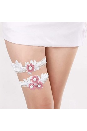 Flayem Jarretières de mariée roses en dentelle florale avec perles pour mariage 2 pièces 