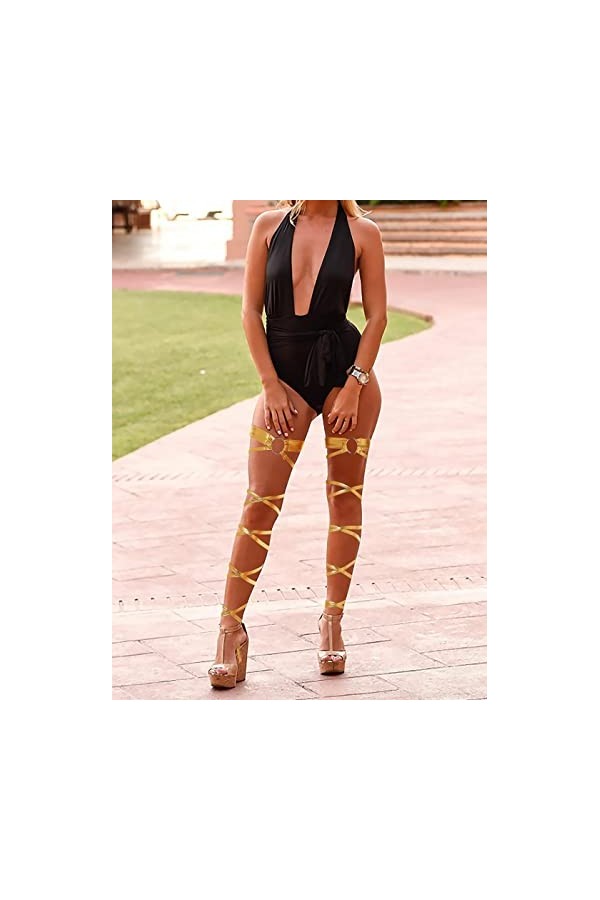 Flayem Sexy Leg Wraps Jarretière Brillant Élastique Or Cuir Croix Bandage Brillant Raves Fête Danse Musique Festivals Costume