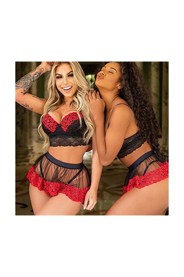 asdsad Mode Femmes Sexy Lingerie Sexy sans Manches Dentelle Mesh Mesh Peach Heart Print Print Top Mini Jupe Contact Erotic 3P