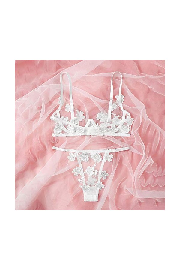 Cosmétique Cosmétique Broderie Fleurs Soutien-gorge Dentelle Bustier Sexy G-String Action Figure Sexy, Blanc., L