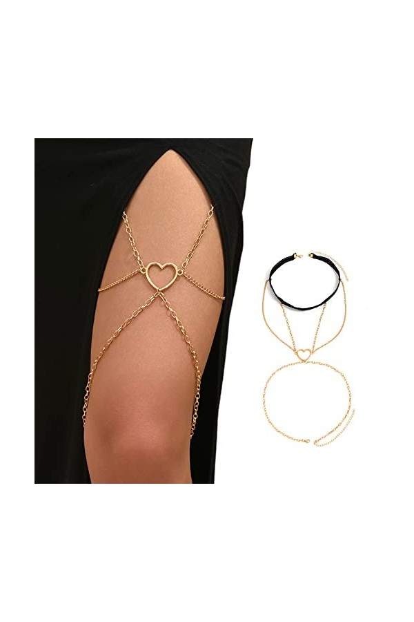 Greabuy Chaîne Jambe Rock Jarretière Multicouche Coeur Creux Chaîne Cuisse Élastique Chaîne Corps Bijoux Discothèque Fête pou