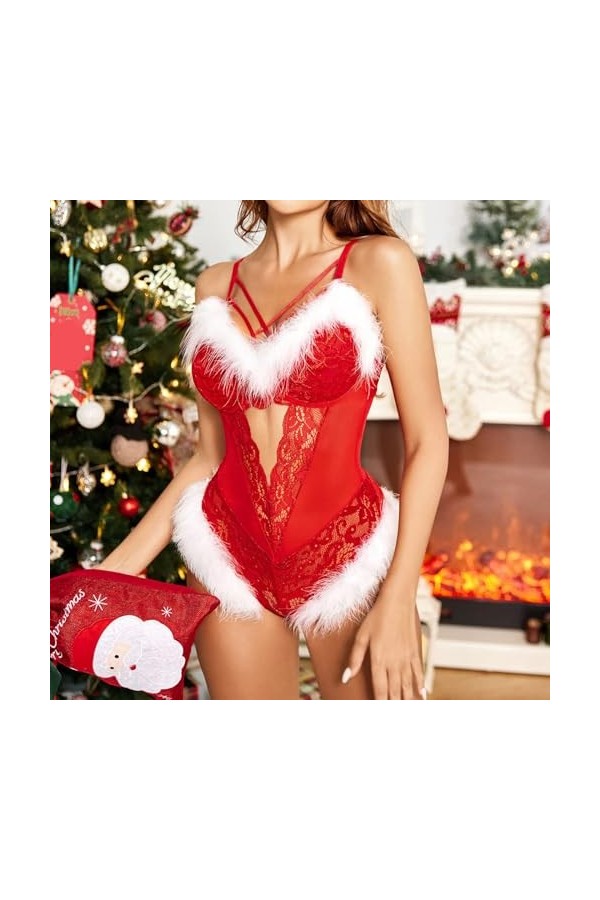 Pdakieyxnd sous-Vetements de Noël Feminins Sexy Féminin Dentelle Tenue Érotique Noir String Sensuelle Rouge Valentin Coquin S