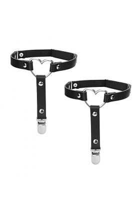 HASLED Lot de 2 jarretières élastiques réglables, Boucles de Jambe en Cuir Punk Noir avec Clip en métal, jarretières élastiqu