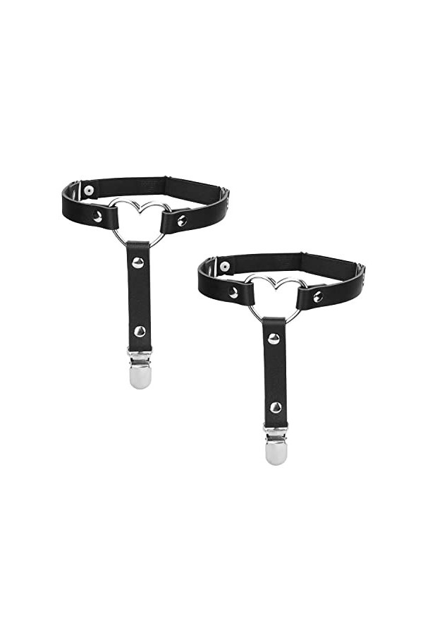 HASLED Lot de 2 jarretières élastiques réglables, Boucles de Jambe en Cuir Punk Noir avec Clip en métal, jarretières élastiqu