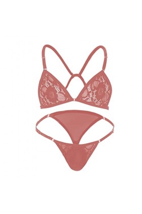 GizellMG Hommes Pyjamas Nuisette pour Sissy Set de Bikini Slip Thong + sous vêtement à Bretelles Sexy Lingerie Dentelle Rose 