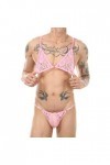 GizellMG Hommes Pyjamas Nuisette pour Sissy Set de Bikini Slip Thong + sous vêtement à Bretelles Sexy Lingerie Dentelle Rose 