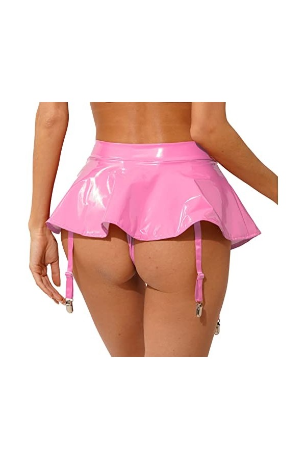 IEFIEL Femme Brillant Mini Jupe avec Porte-Jarretelles Mouillé Cuir Verni Jarretière Femme Bas Jupe Droite Hanche avec Clips 
