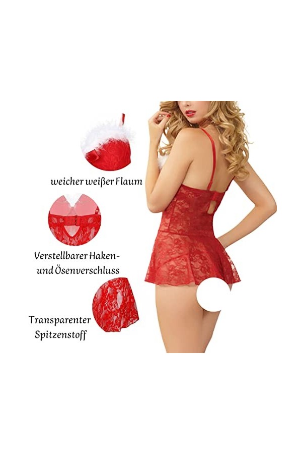 ROSVAJFY Ensemble Lingerie de Noël Femme Mere Noel Sexy Nuisette Dentelle Transparente Christmas Costume sous-Vêtements Chemi