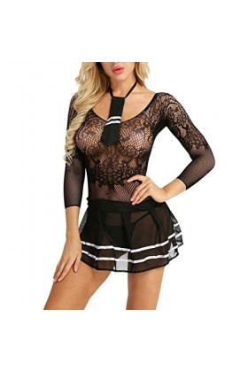 ROSVAY Sexy Cosplay Costume de robe décolière marine pour femme Lingerie Uniforme Babydoll Body transparent élastique comple