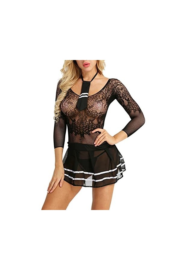 ROSVAY Sexy Cosplay Costume de robe décolière marine pour femme Lingerie Uniforme Babydoll Body transparent élastique comple