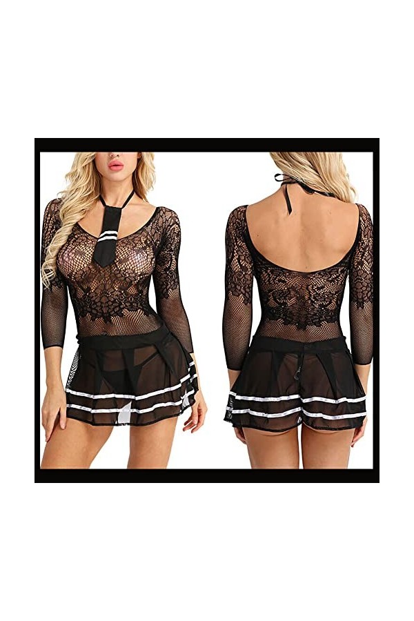 ROSVAY Sexy Cosplay Costume de robe décolière marine pour femme Lingerie Uniforme Babydoll Body transparent élastique comple