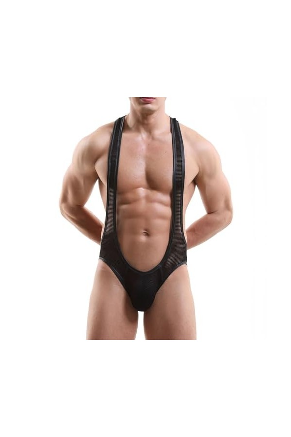 Générique sous-vêtements pour Hommes Gilet Une pièce Extensible Uniforme de Lutte Triangle Creux String Justaucorps Noir,S 