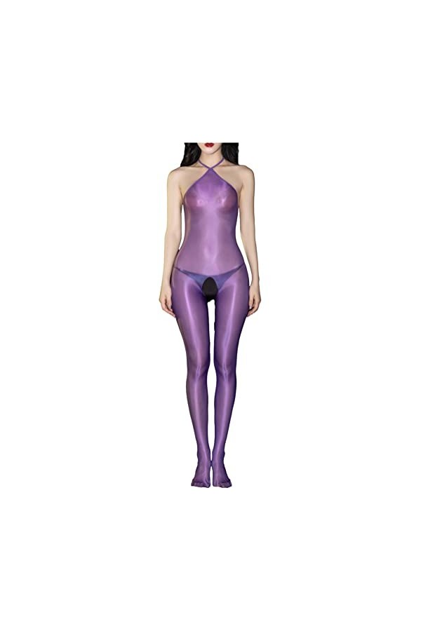 Alvivi Femme Bodysuit Brillant Ouvert Entrejambe Bodystocking Catsuit Lingerie Nuisette Sexy Erotique Combinaison Sans Manche