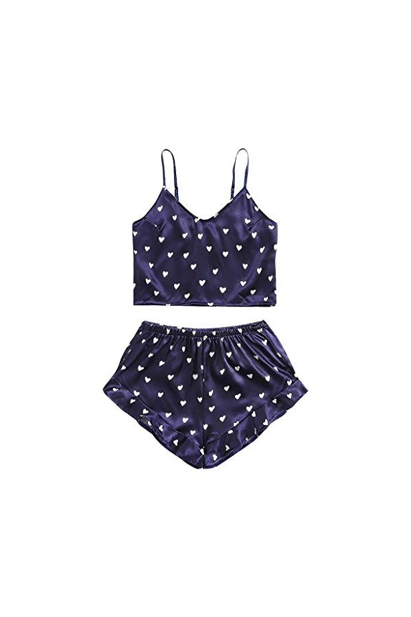 Jupe de nuit en satin pour femme - Ensemble de sous-vêtements - Cœur Flounce - Pantalon pour femme - Pyjama pour femme, bleu,