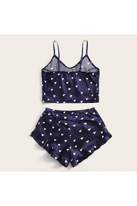 Jupe de nuit en satin pour femme - Ensemble de sous-vêtements - Cœur Flounce - Pantalon pour femme - Pyjama pour femme, bleu,