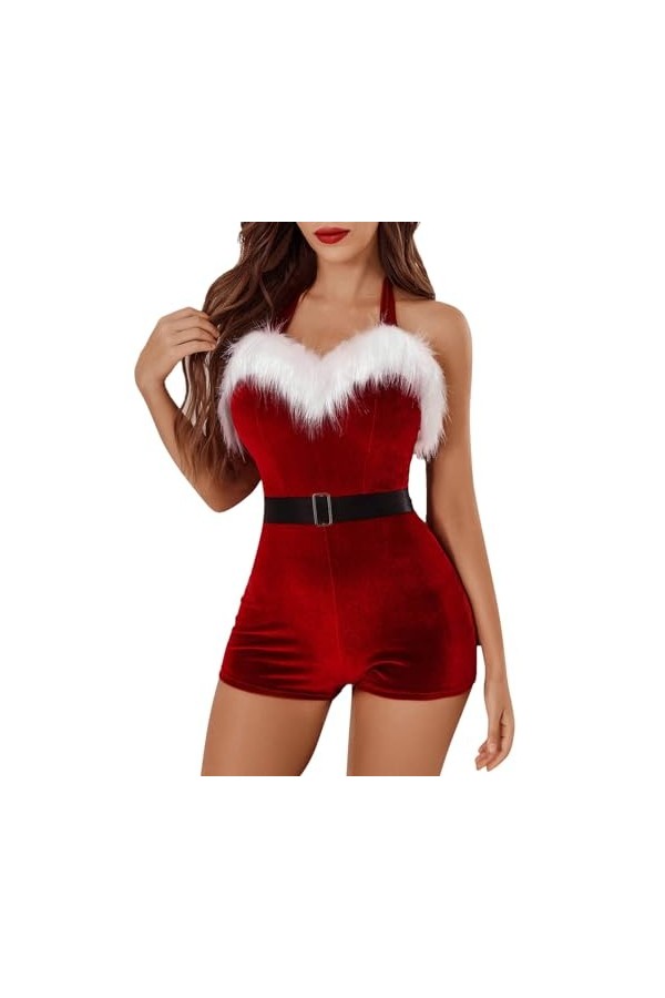 Lingerie sexy de Noël pour femme - Une pièce en résille de pêche - Dentelle - Combinaison érotique de Noël - Sous-vêtements o