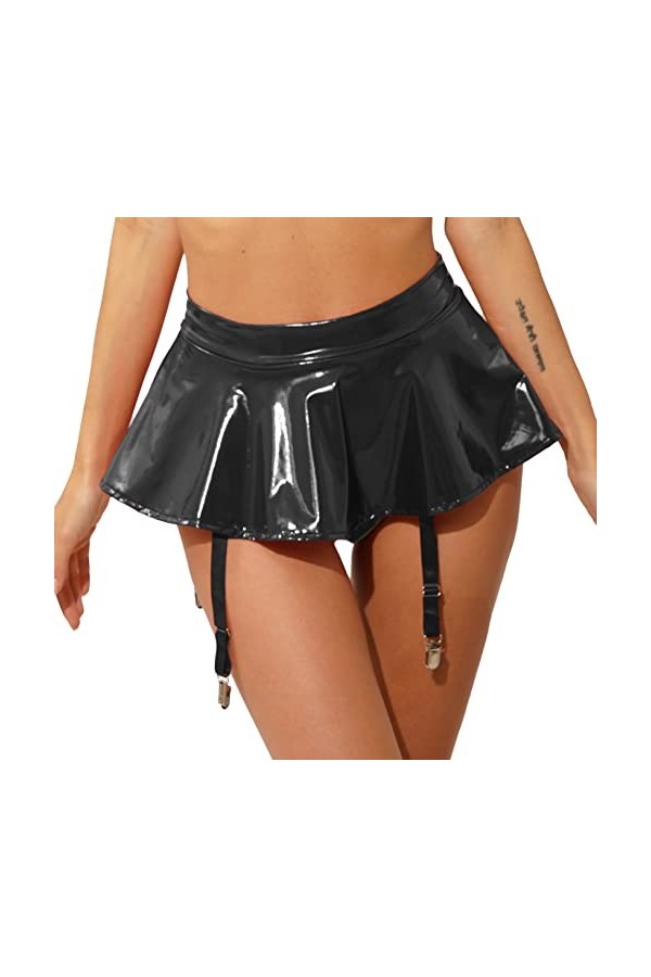 Freebily Porte-Jarretelles Femme Mini Jupe Jarretière Simili Cuir Verni Bas Jupe Crayon Soirée Bal Disco Club Micro Jupe Hanc