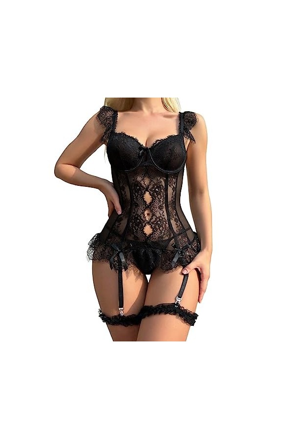 Lingerie Sexy Femme Coquine Hot, Ensemble de Lingerie pour Femmes avec Porte-Jarretelles Soutien-Gorge Sexy et Culotte en Den