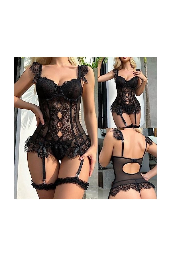 Lingerie Sexy Femme Coquine Hot, Ensemble de Lingerie pour Femmes avec Porte-Jarretelles Soutien-Gorge Sexy et Culotte en Den