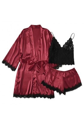 Pyjama en satin 4 pièces pour femme - Col en V sexy - Grandes tailles - Mode - Tentation - Bandoulière réglable - Robe de som
