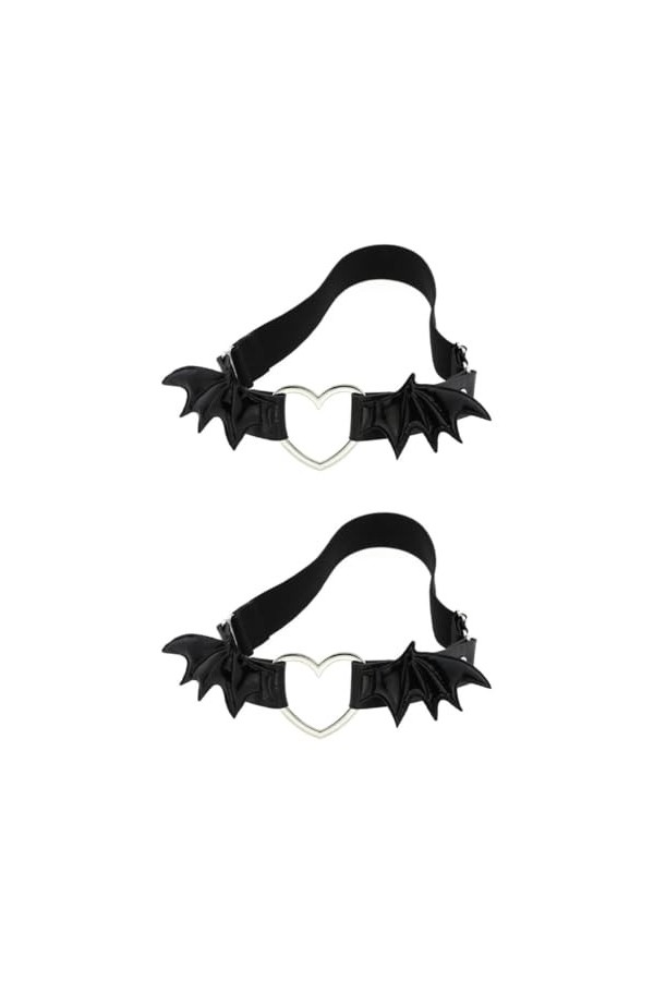 DOKLY Lot de 2 porte-jarretelles élastiques en cuir punk avec ailes de chauve-souris en forme de cœur pour femme Style hip-ho