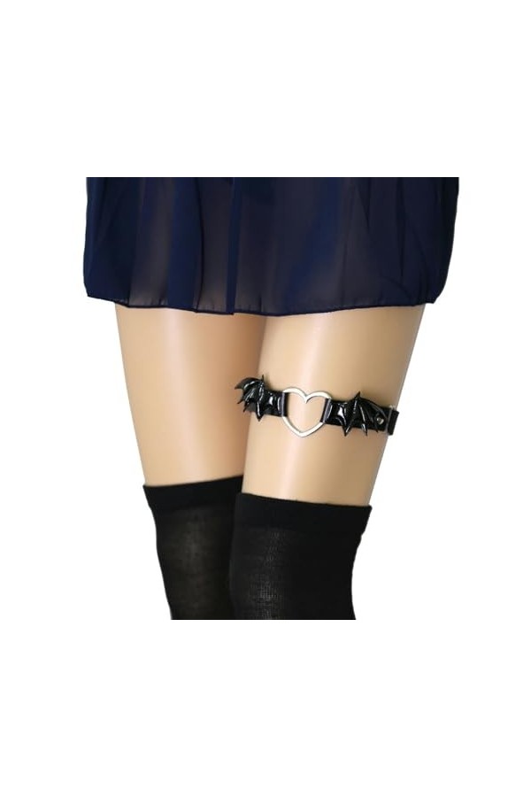 DOKLY Lot de 2 porte-jarretelles élastiques en cuir punk avec ailes de chauve-souris en forme de cœur pour femme Style hip-ho