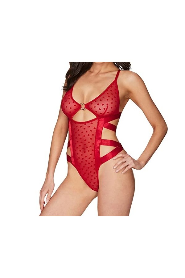 JINZIJINYU Ensembles De Pyjama Femme Sexy Mesh Transparent Peach Heart Print Strap One Piece Costume Sexy Rouge M