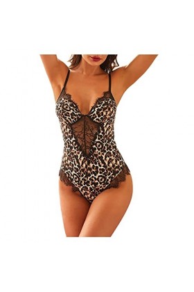 liaddkv Pyjama sexy pour femme avec imprimé léopard - Col en V serré - Dentelle creuse - Lingerie sexy - Combinaison une pièc