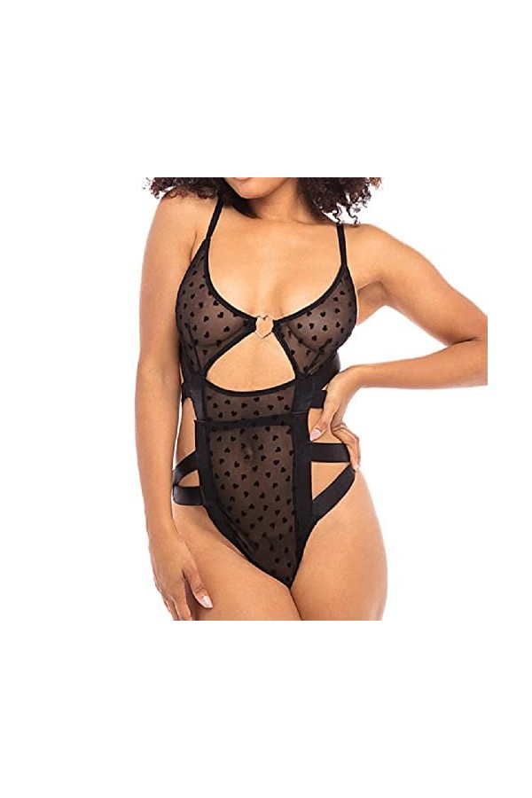 JINZIJINYU Ensembles De Pyjama Femme Sexy Mesh Transparent Peach Heart Print Strap One Piece Costume Sexy Rouge M