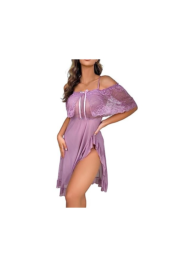 PTLLEND Combinaison Pyjama Sexy Femme Robe de Pyjama Sexy en Dentelle pour Femme Lingerie Sexy Vert Purple, S 