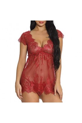 PANPANY Femmes Sexy Girl Cute V-Cou Dentelle Lingerie sous-Vêtements Sleepdress avec G-String Déguisement Sexy Wine Red, S 