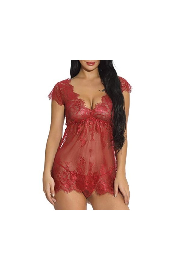 PANPANY Femmes Sexy Girl Cute V-Cou Dentelle Lingerie sous-Vêtements Sleepdress avec G-String Déguisement Sexy Wine Red, S 