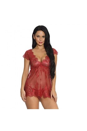 PANPANY Femmes Sexy Girl Cute V-Cou Dentelle Lingerie sous-Vêtements Sleepdress avec G-String Déguisement Sexy Wine Red, S 